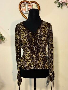 Women’s Brown and Green V-Neck Tie-Front Printed Blouse Size Medium